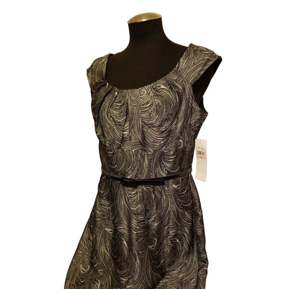 London Times Black Gray Swirled Metallic Cap Sleeve Belt Waist Dress NWT Size 10 - Picture 3 of 9